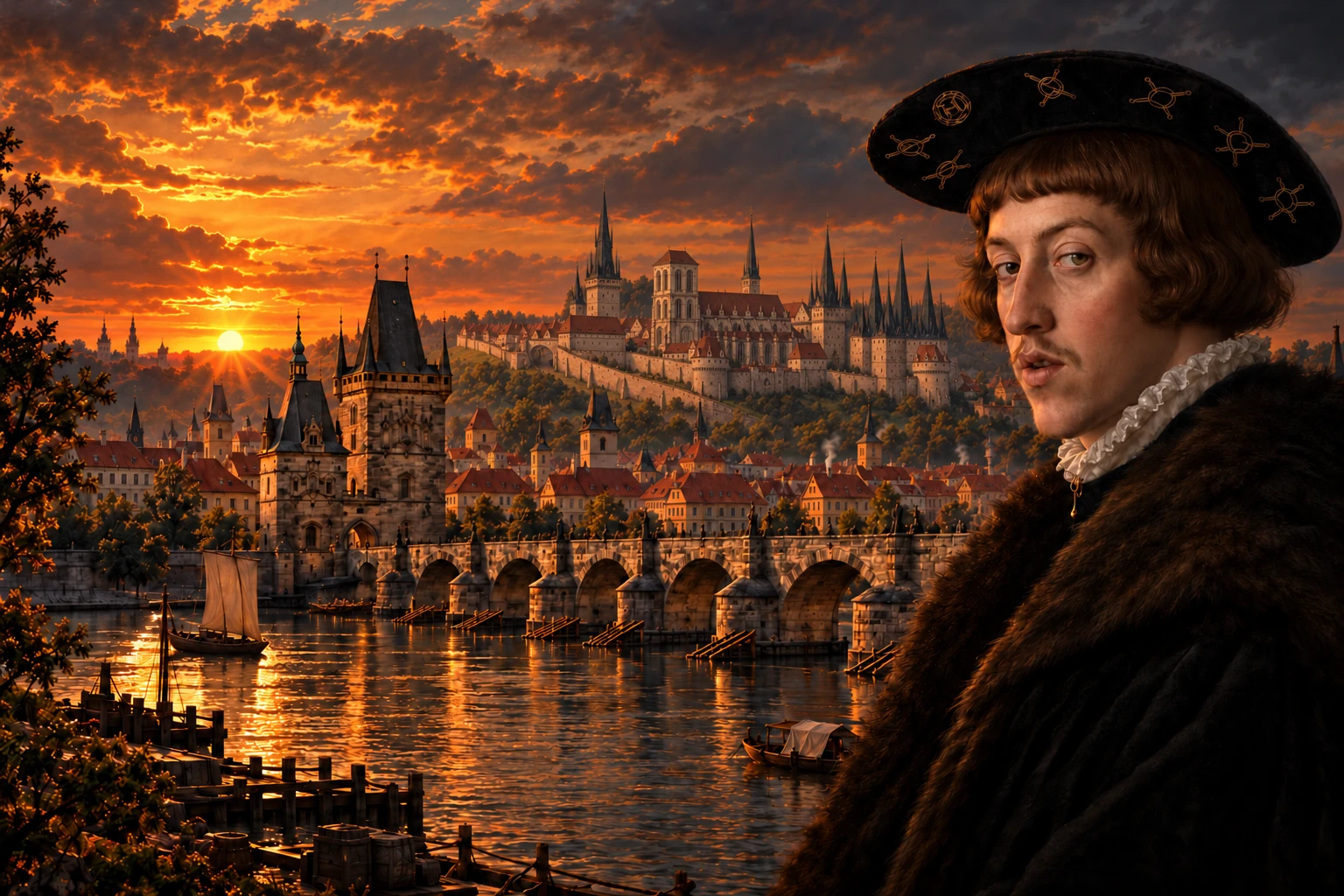 Portrétní imaginace Ferdinanda I. před panoramatem Prahy a Karlovým mostem při západu slunce.