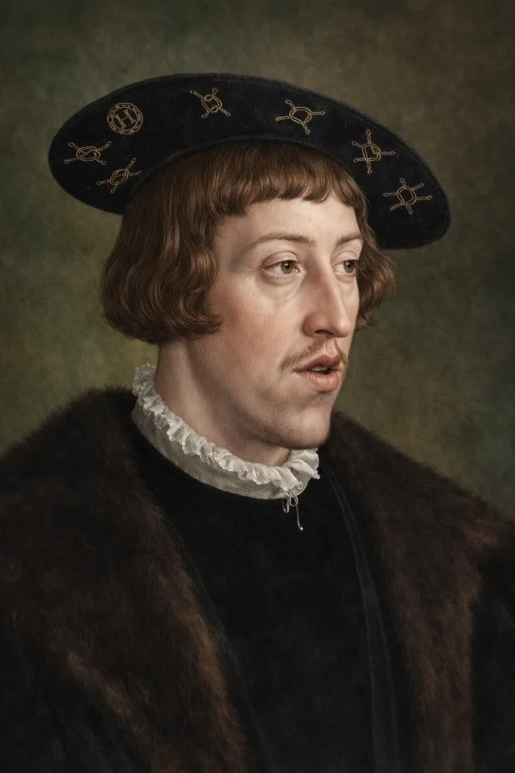 Portrétní ilustrace mladého Ferdinanda I. v tmavém baretu.